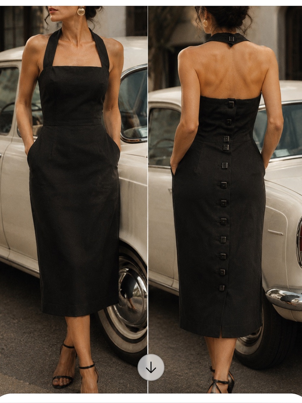 Vintage Cathy Hardwick Black Linen Halter Dress